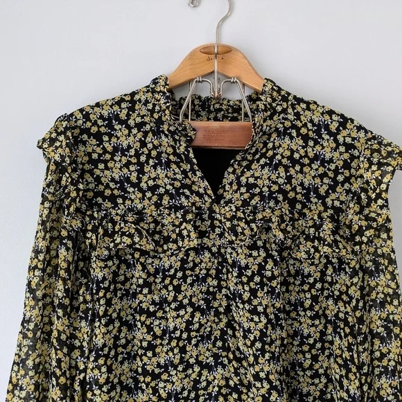 Boden Shirt Women's 16/18R Black Yellow Abstract Sprig Zoe Frill Detail Blouse  - Picture 2 of 6